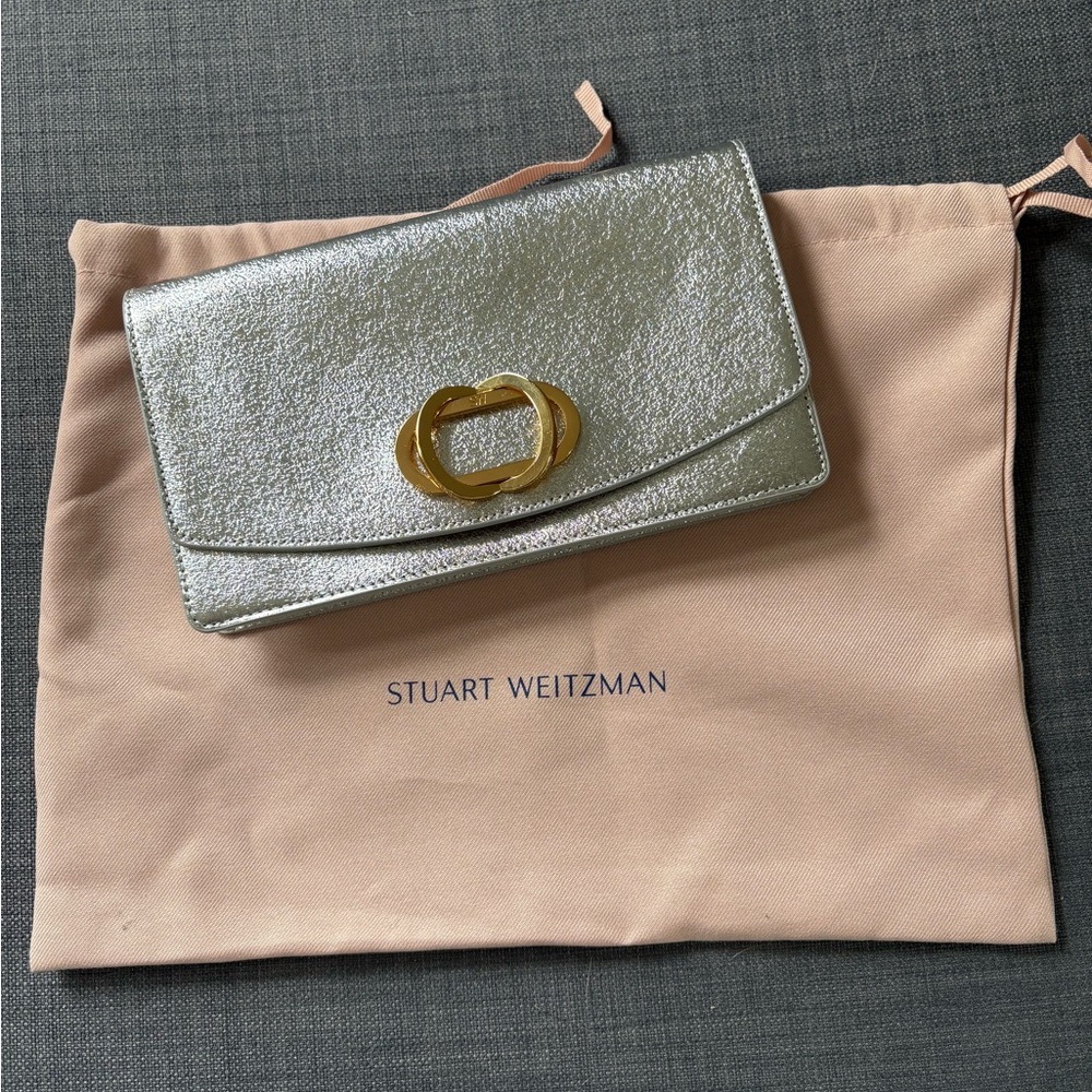 Stuart Weitzman Silver Metallic Clutch/Crossbody Chain